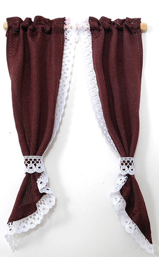 Curtains: Demi Tie Back, Burgandy with White Lace Trim